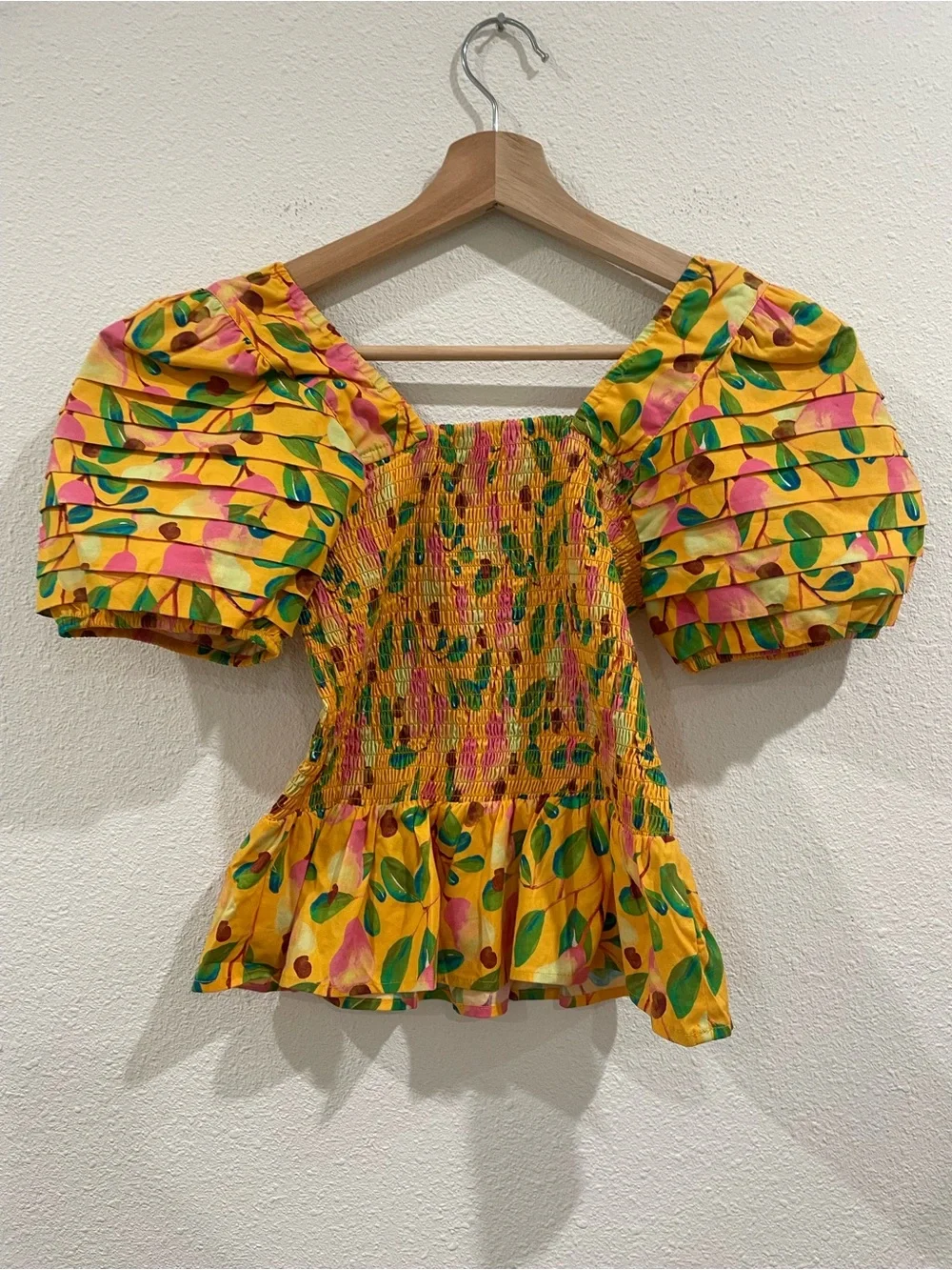 Farm Rio Yellow Floral Smocked Puff-Sleeve Top Tropical Print Size XS